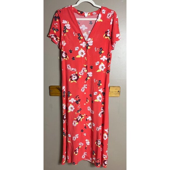 Gap Midi Dress A-line Coral Bold Tropical Floral Button Up Rayon Shift Womens M - Picture 10 of 10
